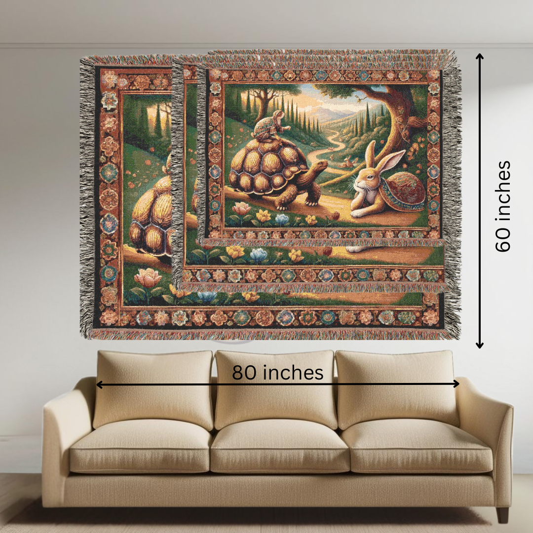 Tortoise and Hare Woven Blanket - 100% Cotton Fable Throw - Aesop’s Storybook Tapestry - Woodland Nursery Decor - Whimsical Folk Art