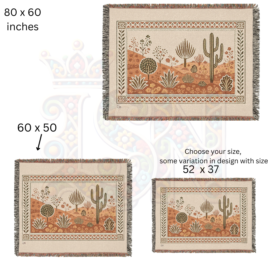 Desert Blooms Southwest Desert Flora Folk Art Woven Blanket – Nature-Inspired Cozy Throw, Southwestern Home Decor Gift