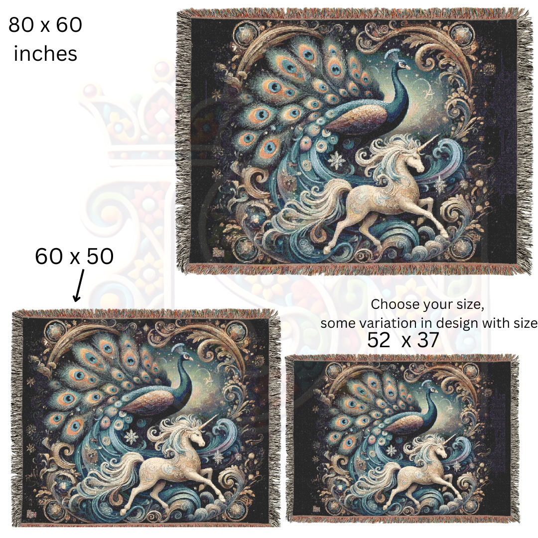 Peacock & Unicorn Woven Blanket | 100% Cotton Fantasy Tapestry | Gothic Fairytale Throw | Celestial Art Decor | Enchanted Cozy Gift