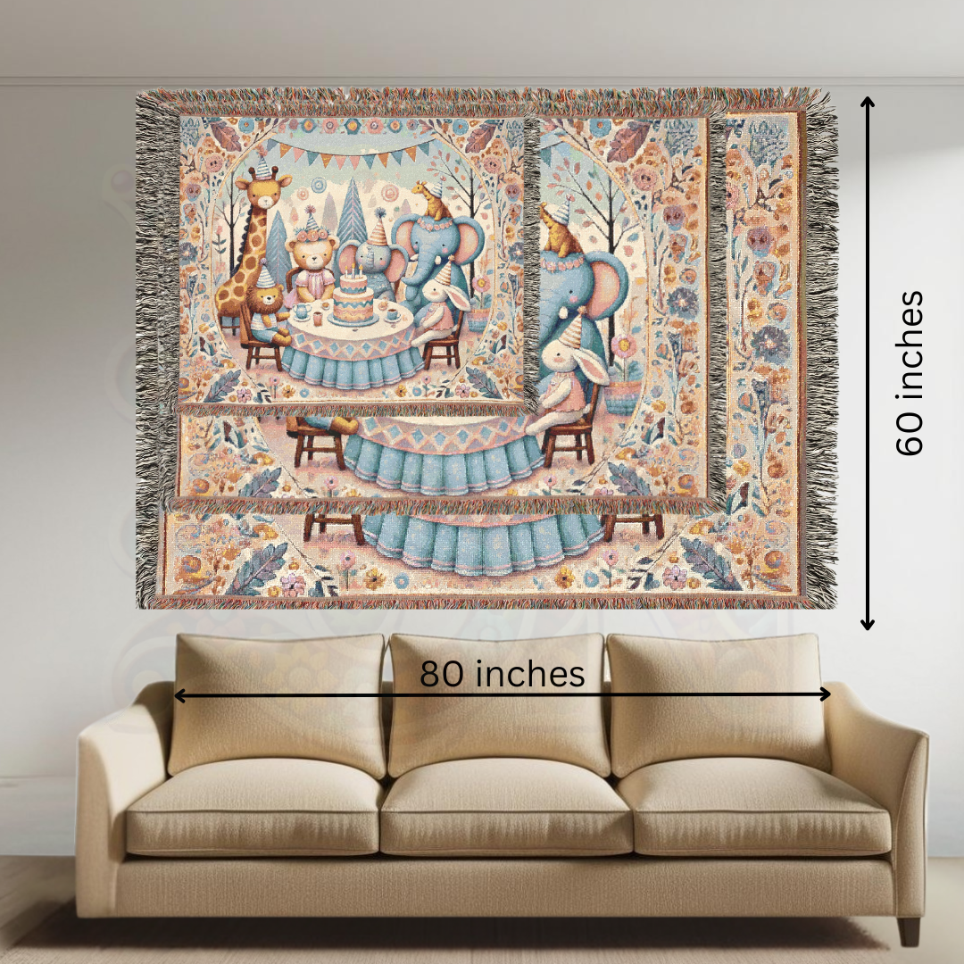 Woodland Birthday Tea Party Pastel Woven Blanket – Cozy Kids Animal Story Throw, Nursery Gift