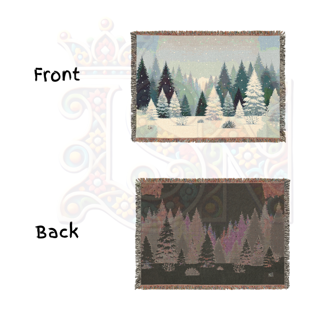 Snowy Forest Winter Woven Blanket – Cozy Snow-Covered Pines Tapestry Throw, Serene Nordic Winter Landscape for Home Decor