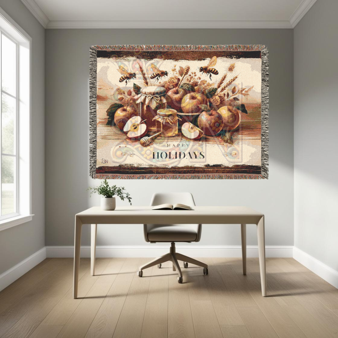 Happy Holidays Apples & Honey Folk Art Woven Blanket – Festive Seasonal Throw