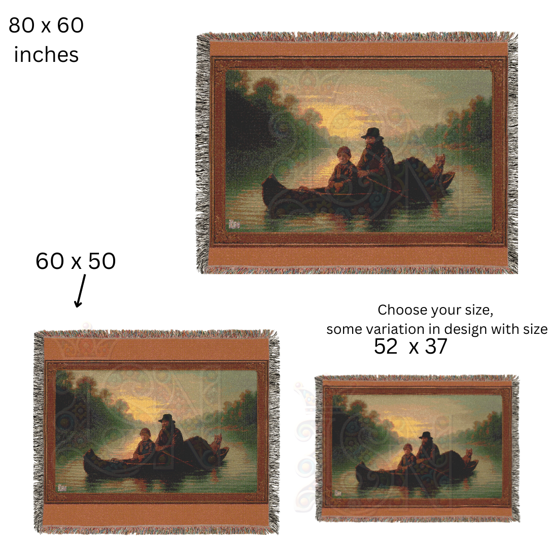 Evening Voyage – Folk Art Woven Throw Blanket with Canoe Scene