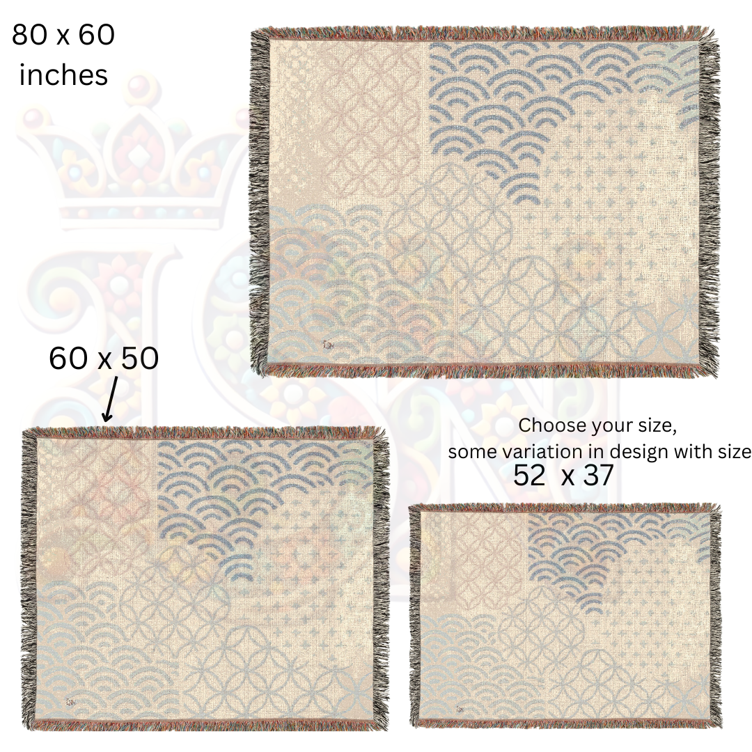 Heritage Tile Block Folk Art Woven Blanket Inspired by Japanese Motifs – Classic Blue Tile Pattern Throw, Decorative Folk Art Home Accent