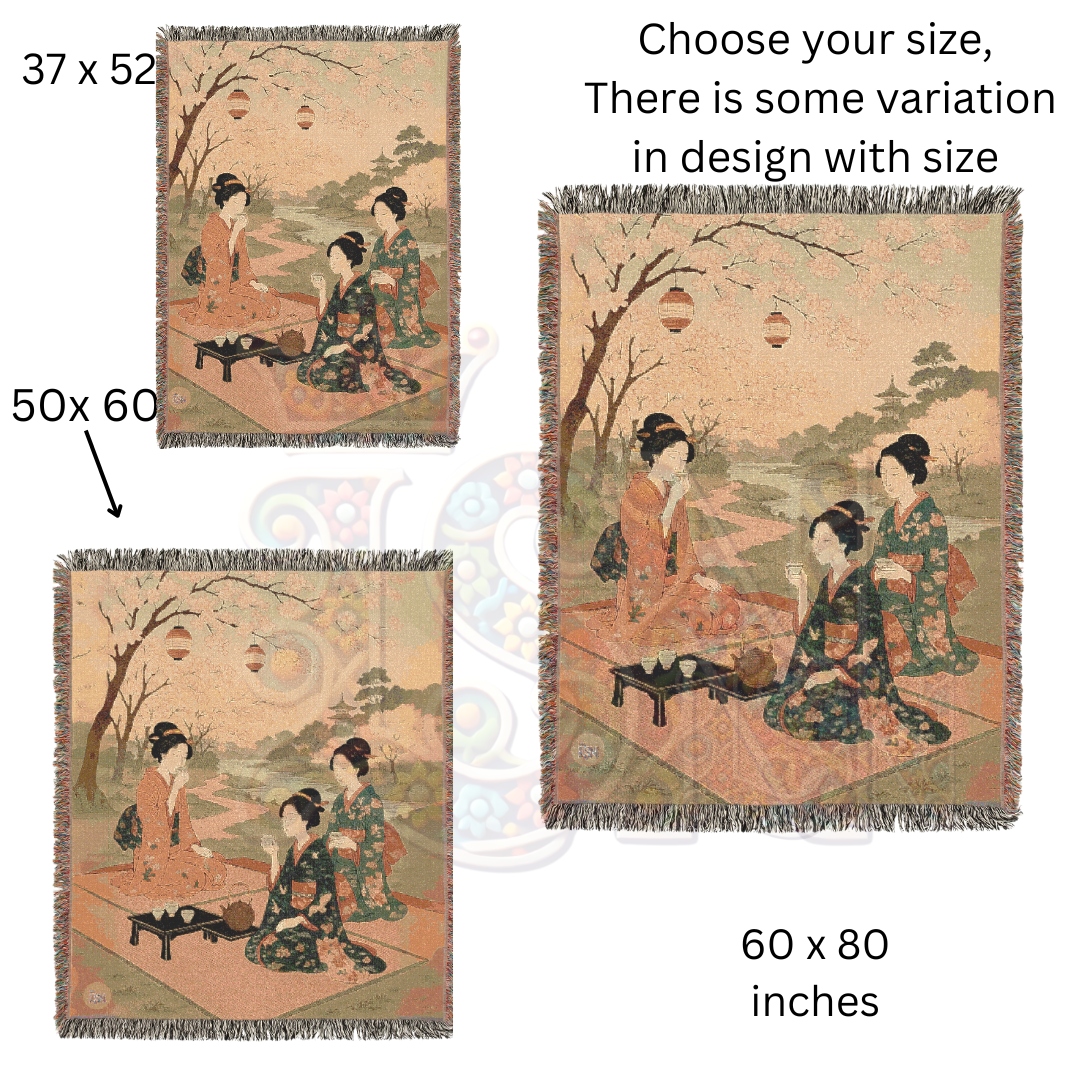 Blossom Gathering – Woven Blanket with Spring Picnic and Kimono-Clad Figures