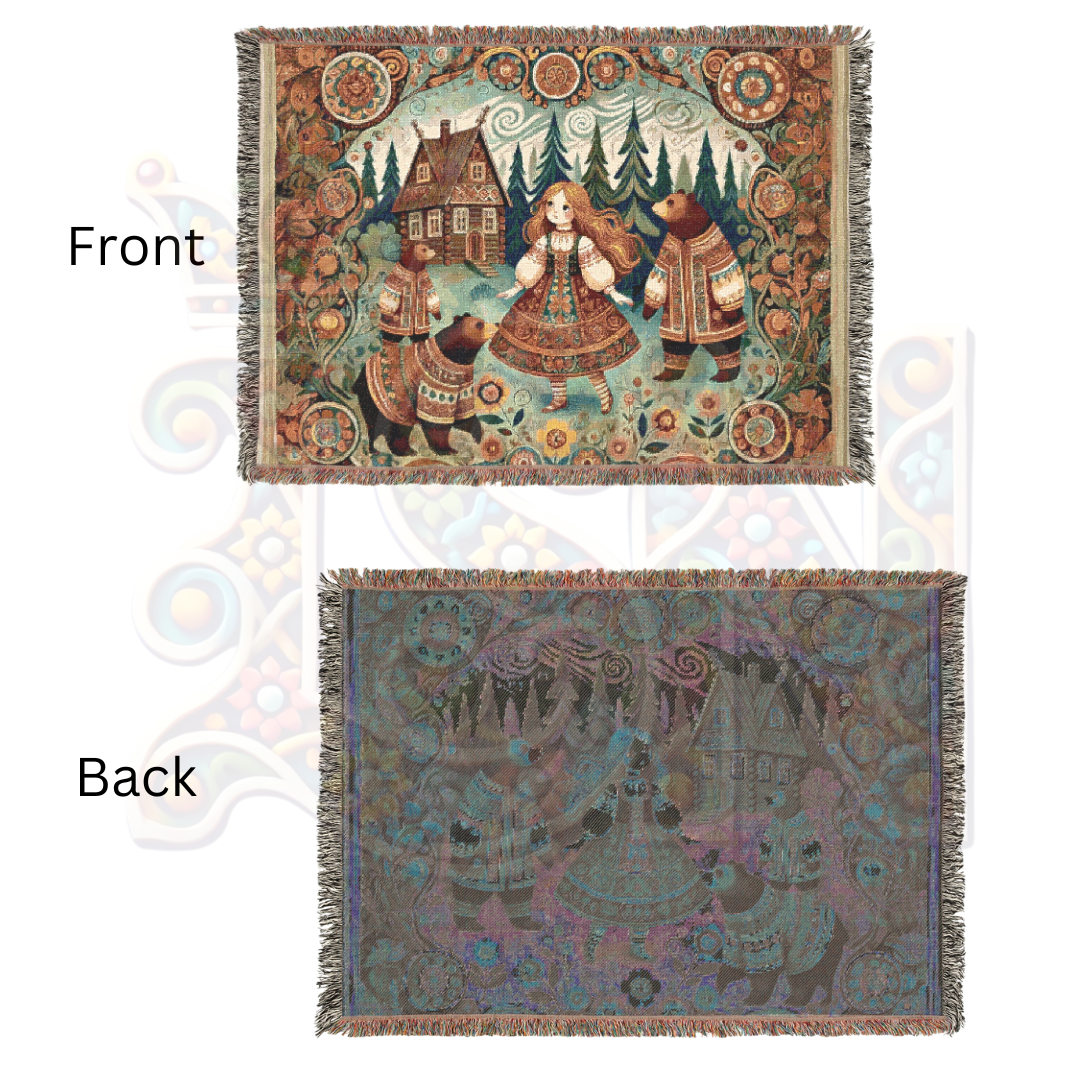 Goldilocks & Three Bears Woven Blanket – Cozy Folk Art Tapestry, 100% Cotton Fairytale Throw, Rustic Cottagecore Decor, Storybook Gift