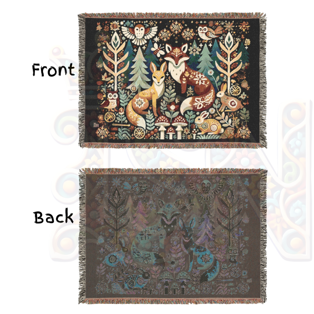 Cozy Woodland Fox Tapestry Blanket – Folk Art Forest Animals Woven Throw, Rustic Boho Nature-Inspired Decor, Perfect for Fox Lovers & Cabin Vibes