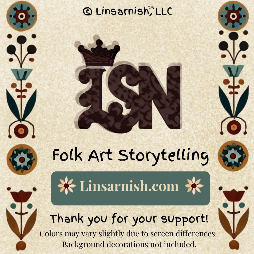 Folk art design with 'LSN' logo and decorative elements on a beige background.
