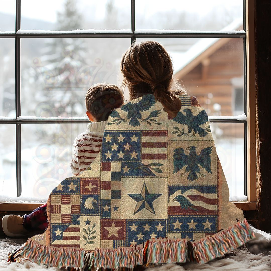 Liberty Symbols Americana Woven Blanket – Patriotic Eagles, Stars & Liberty Bell Quilt Throw