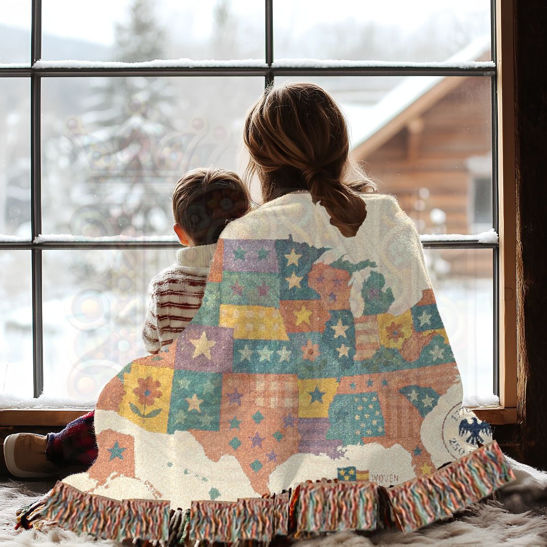 Patchwork USA Map Woven Blanket – Cozy Americana Quilt Throw with Folk Art Stars & Flowers