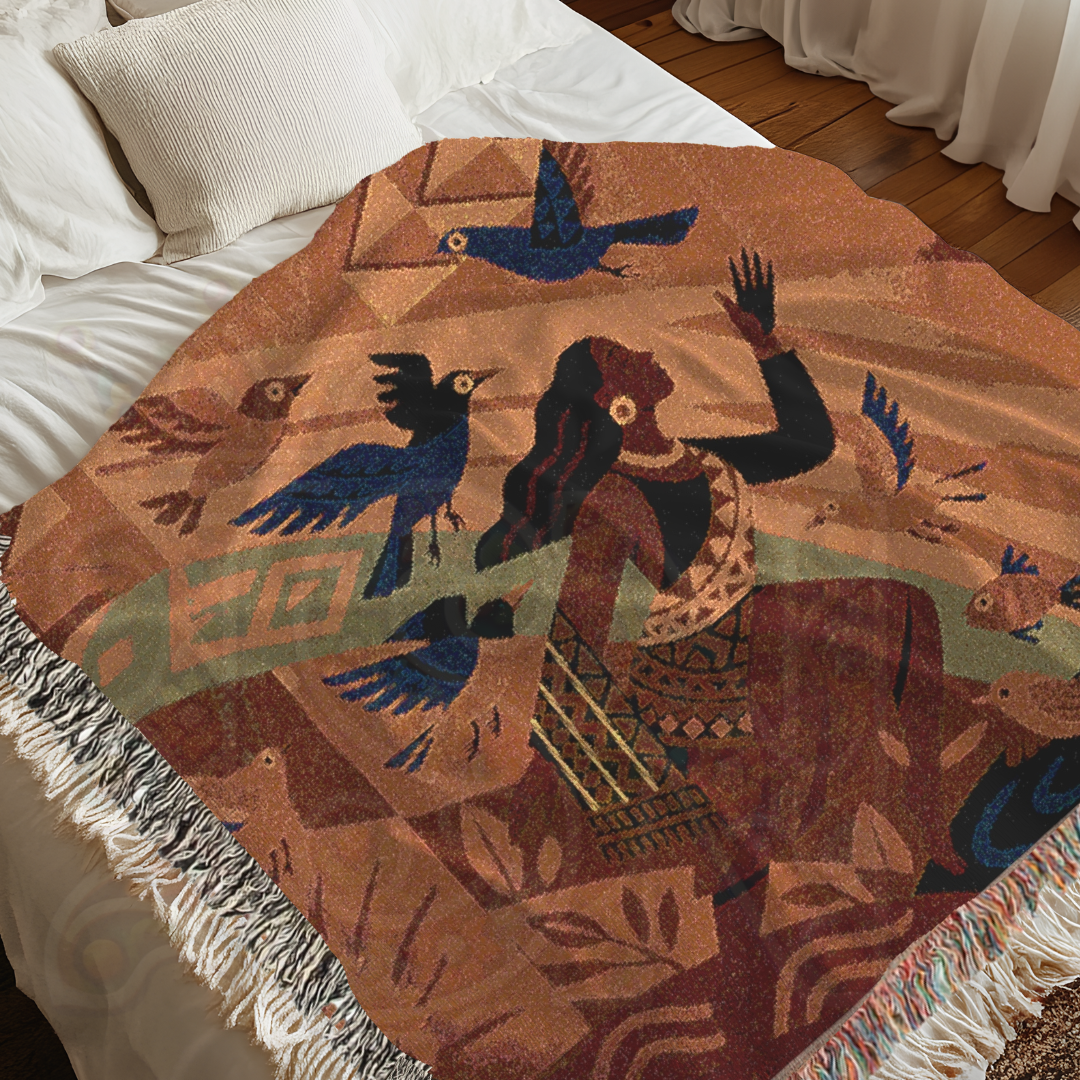 Vibrant woven throw featuring a woman in motion surrounded by birds, celebrating freedom and storytelling through bold tribal-inspired folk art.
