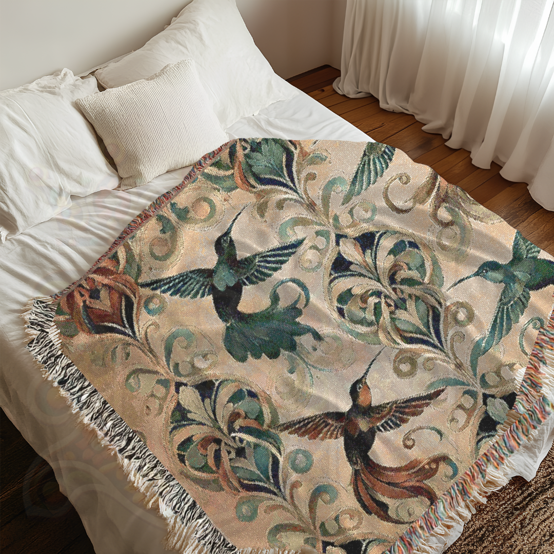 Elegant woven throw with four detailed hummingbirds and ornate florals. Use as a blanket or wall hanging. Shown on a bed, perfect for bedrooms. A stunning, heirloom-quality gift—ideal for weddings, anniversaries, or romantic home decor.