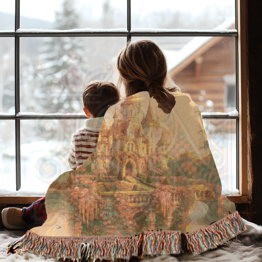 A women and child cuddling in a pastel castle woven blanket with storybook charm. A cozy fantasy tapestry throw for bedrooms, nurseries, or whimsical fairytale-inspired home decor.