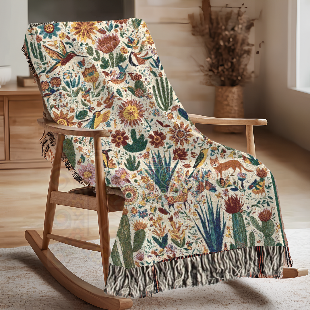 Mexican folk art-inspired desert garden tapestry—100% cotton throw with cacti, birds & wildflowers. Cozy wall art or blanket. Vibrant gift for any room!