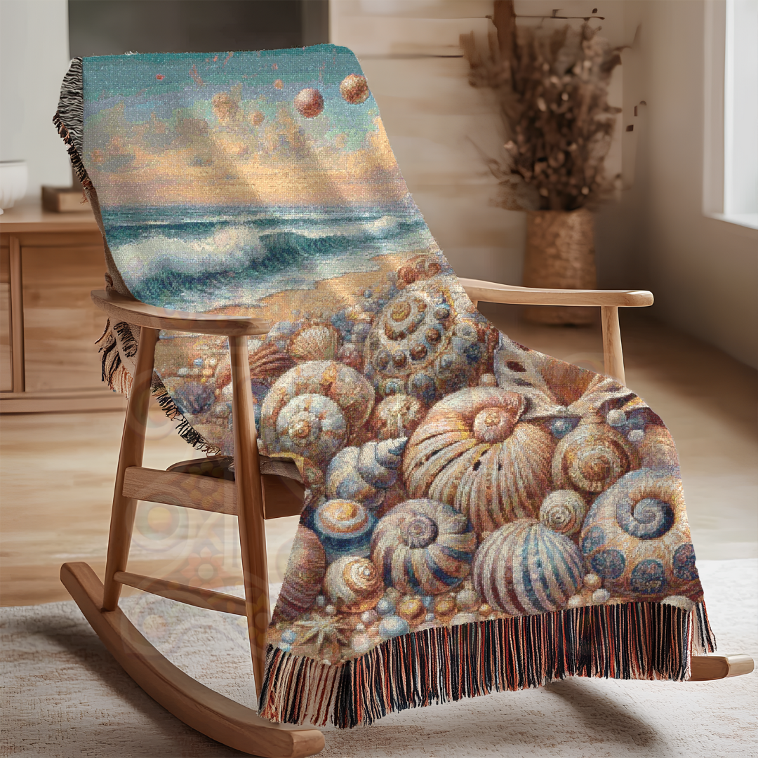 Woven blanket with seashells, nautilus spirals, and ocean waves, shown draped on a rocker. Perfect for coastal home decor, beach lovers, and nautical-style interiors.