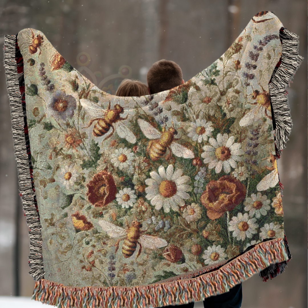Bee Woven Blanket held up to show wildflowers and buzzing bees. Made of 100% cotton, it blends cottagecore charm with farmhouse style—perfect as a cozy floral throw or wall tapestry.