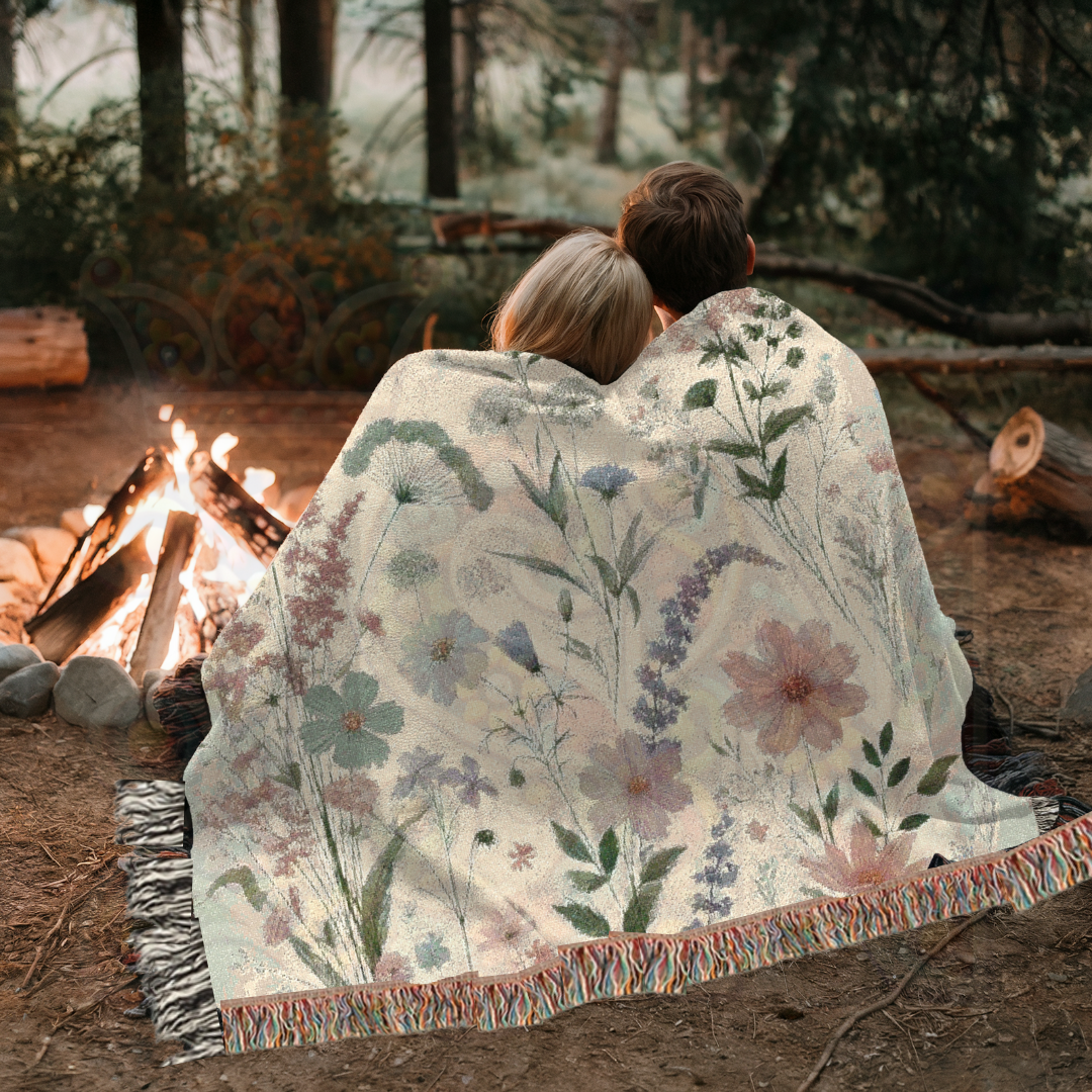 Man and woman wrapped in a woven blanket with botanical flowers on an off-white background, sitting by a bonfire at night. A cozy, nature-inspired design—perfect for outdoor gatherings and romantic folk art moments.