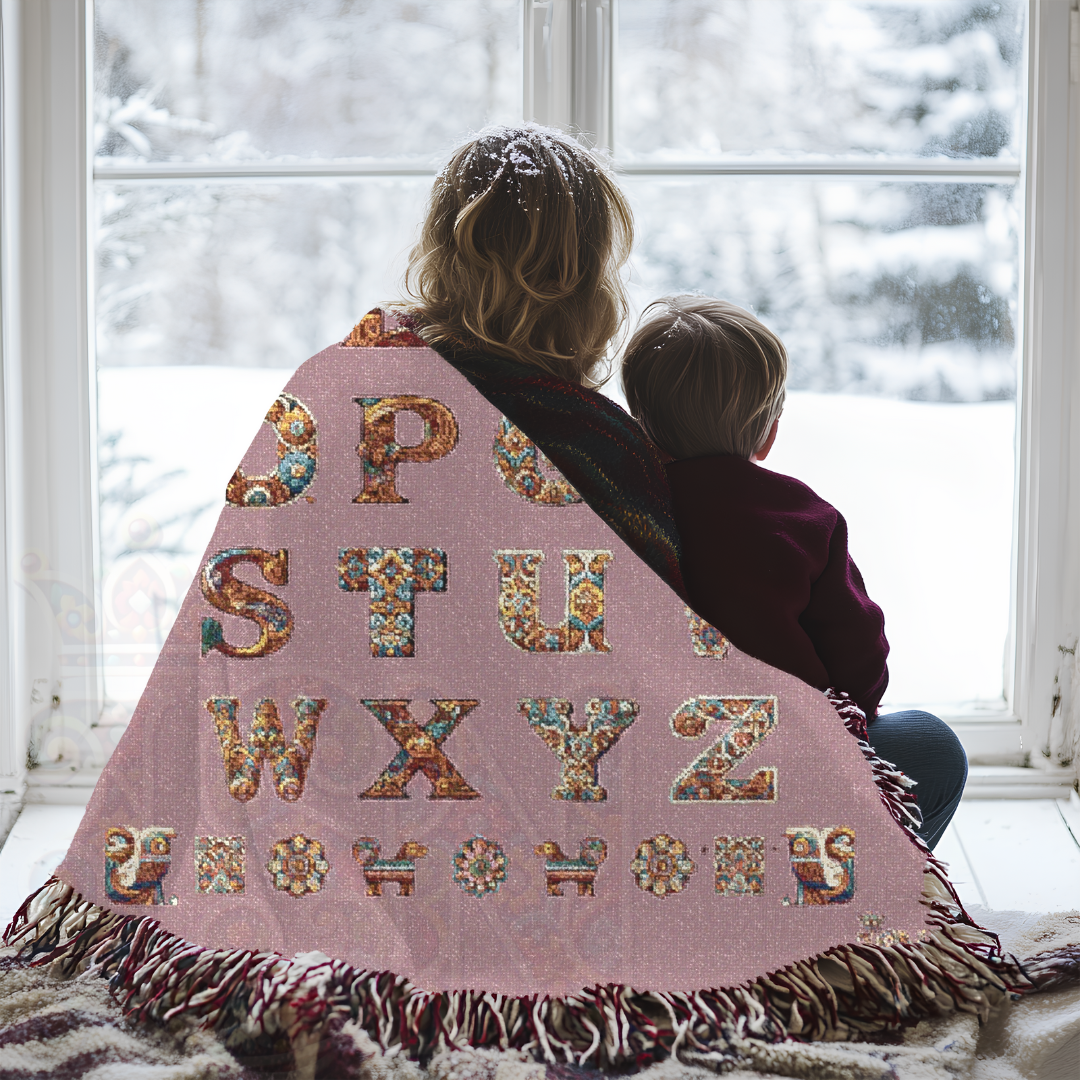 A mother and child wrapped in a woven blanket with a pink background and ornate ABC lettering, gazing out a window at a snowy scene. Perfect for nursery decor, early learning, and cozy winter storytelling moments.