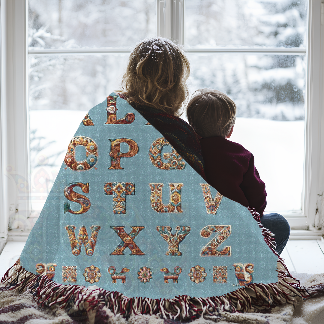A mother and child wrapped in a woven blanket with a blue background and ornate ABCs, looking out a window at a snowy scene. A cozy, storybook-inspired design—perfect for winter nursery decor and early learning spaces.