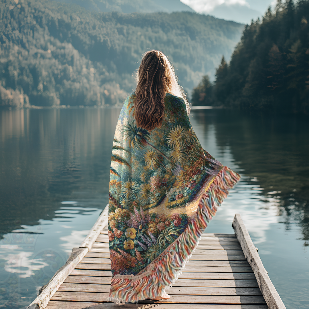 A woman stands on a dock wearing a colorful woven throw featuring a tropical botanical garden design. Lush leaves and vibrant florals make this piece perfect for summer decor, beach getaways, or resort-style living.