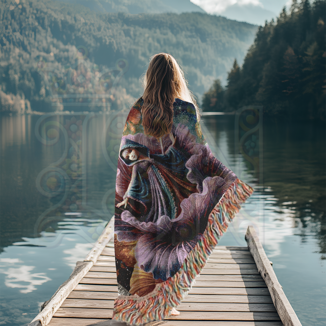 A woman stands by a lakeside dock wrapped in a woven throw featuring a Thumbelina-inspired design. The purple blanket shows a fairy princess in a floral world—perfect for whimsical, storybook, and nature-inspired decor.