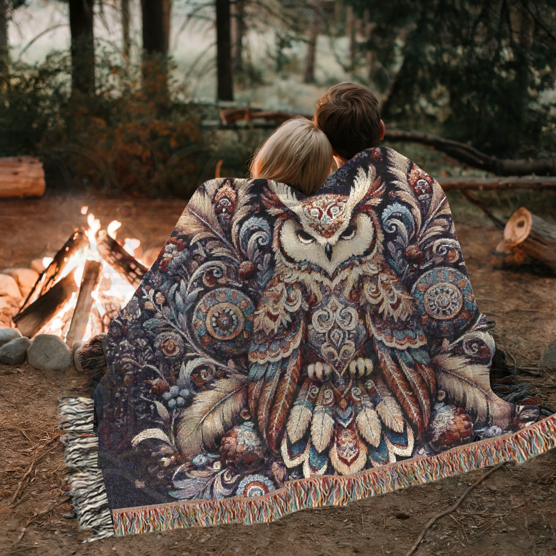 Couple wrapped in a woven blanket by a bonfire at night. The design features an owl with floral and celestial motifs—blending folklore, mysticism, and Art Nouveau style in a cozy, enchanting outdoor setting.