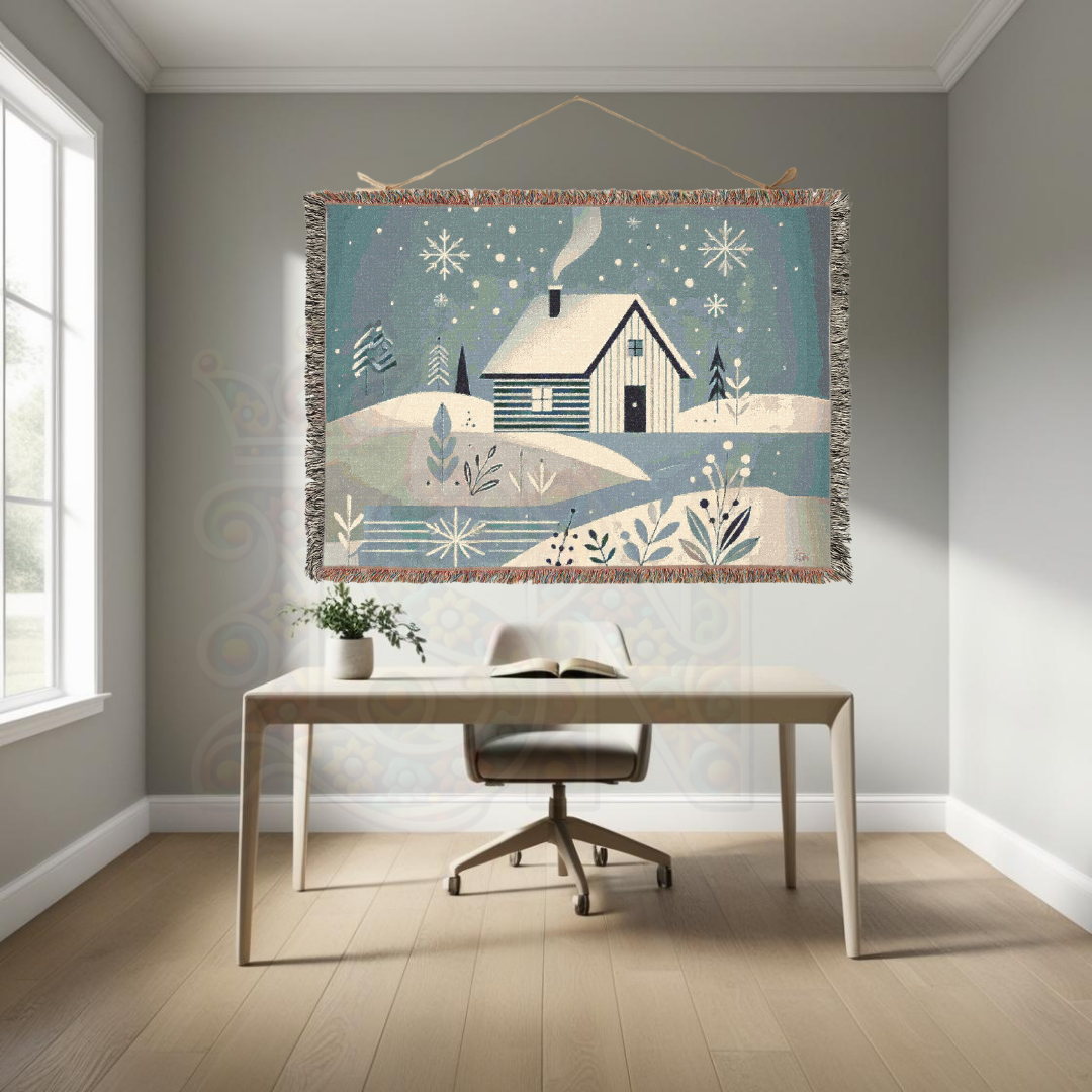Winter cabin woven blanket hanging in a home office. Features a snowy lodge scene in soft tones—100% cotton, perfect for hygge decor, farmhouse style, or holiday gifting for nature lovers.