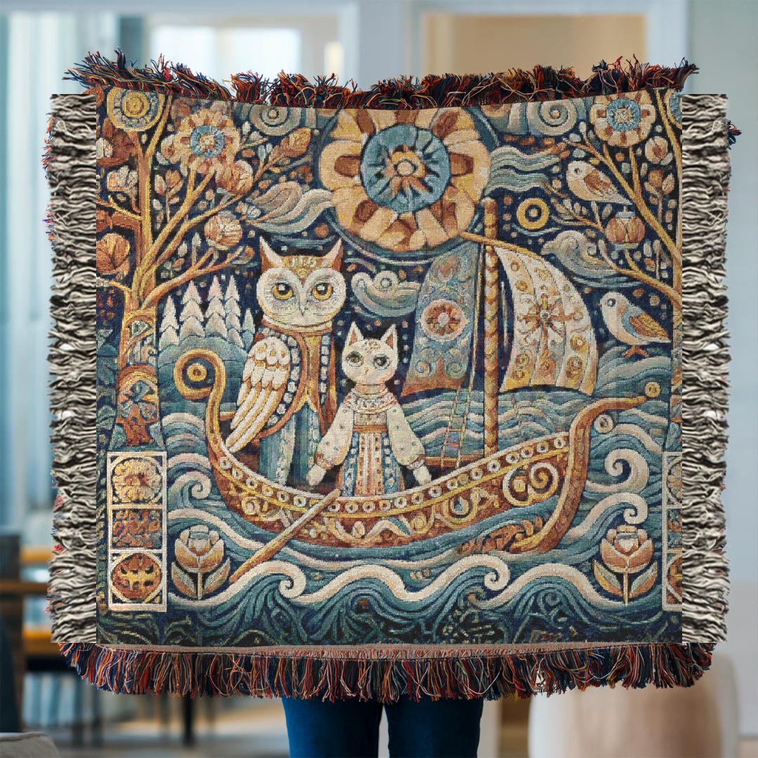 Throw held up to display “The Owl and the Pussycat” design. 100% cotton folklore blanket, perfect for nautical themes, storybook decor, reading nooks, or cozy layered spaces.