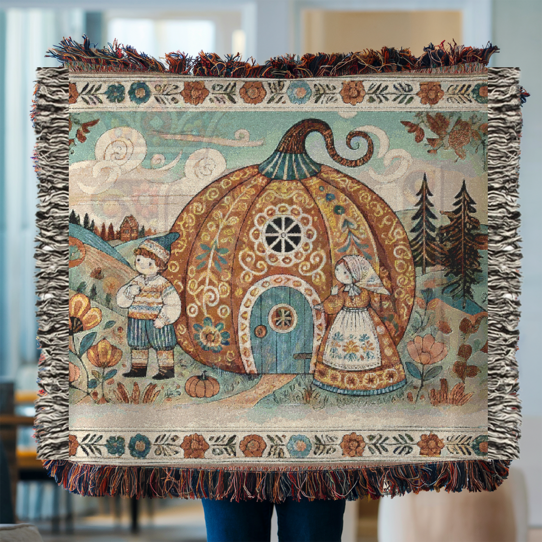Woven blanket held up, featuring a pumpkin cottage in a whimsical folk-art landscape. With florals, swirling skies, and storybook characters, this 100% cotton throw adds autumn charm and fairytale warmth to any space.