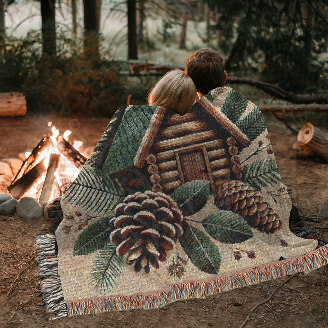 Man and woman wrapped in a woven blanket featuring a log cabin, oversized leaves, and pinecones on an off-white background. Seated by a bonfire at night—perfect for cozy, rustic, folk art-inspired outdoor moments.