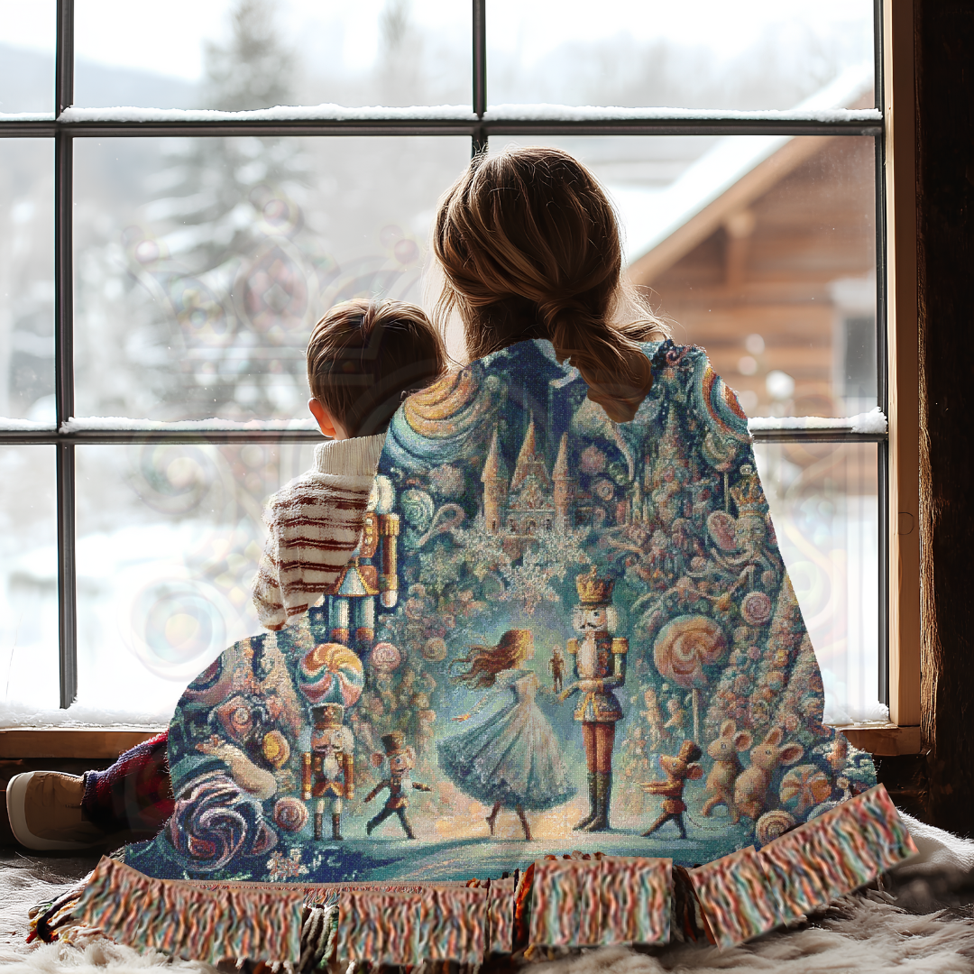 A mother and child wrapped in a woven blanket gaze out a window at a snowy scene. The blanket features a Nutcracker Suite design with dancers, toy soldiers, and festive details—perfect for winter, nursery, or holiday decor.