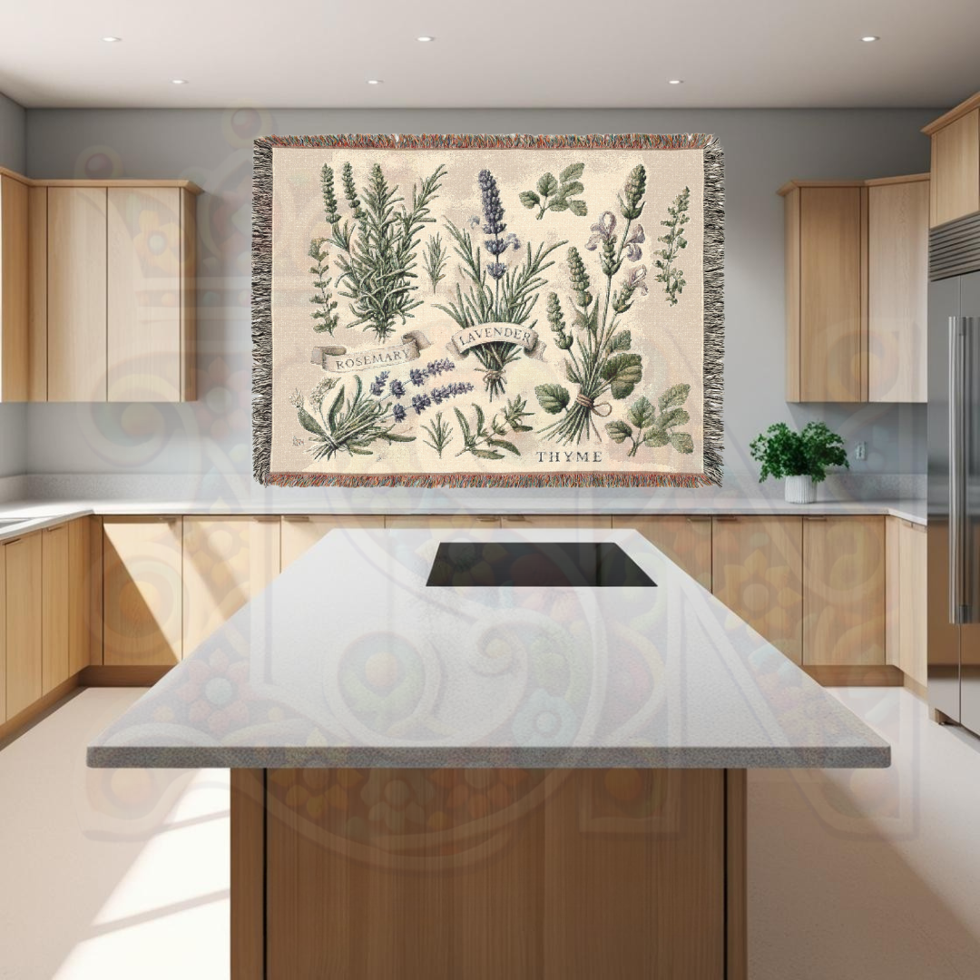 Woven wall hanging with an off-white background and green herbs like rosemary, displayed on the wall of a modern kitchen. A fresh, botanical design—perfect for adding natural charm and folk-inspired decor to culinary spaces.