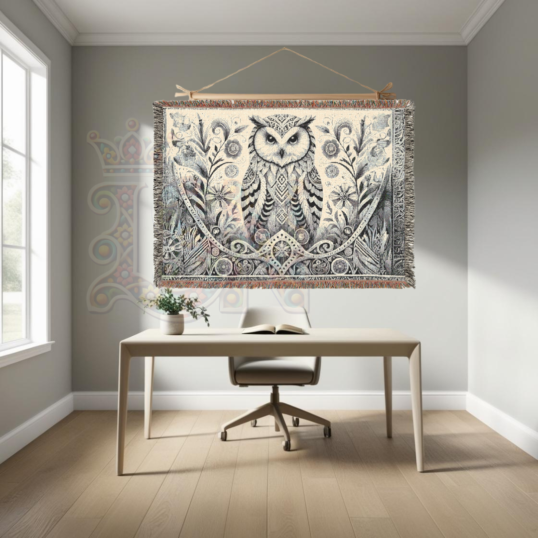 Monochrome woven wall hanging featuring an owl in a bold two-tone palette, displayed in a home office. A striking, folk-inspired design—perfect for adding wisdom, style, and focus to modern creative spaces.