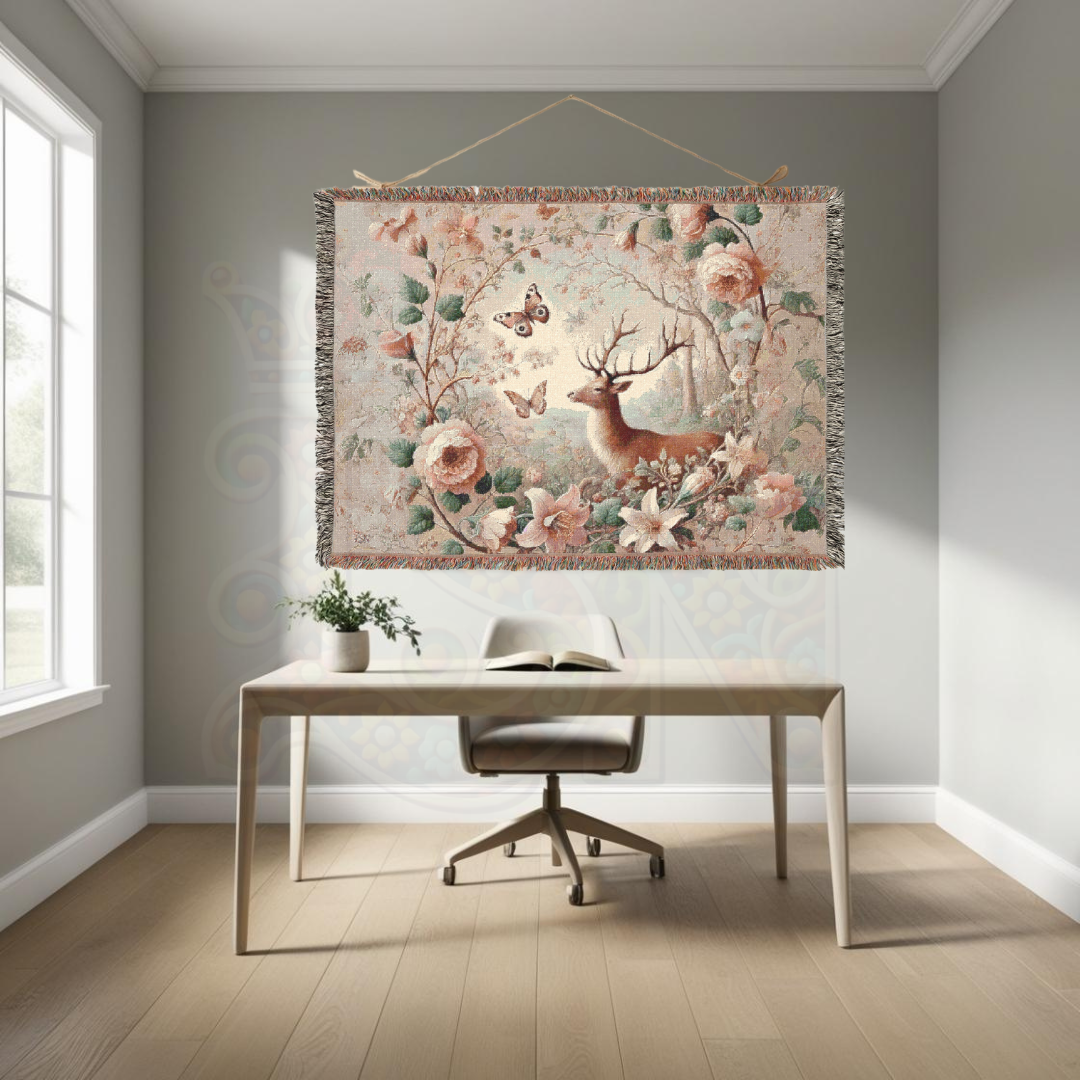 Home office with a majestic deer woven blanket displayed as a wall hanging. Made from 100% cotton—ideal for rustic lodge decor, cozy cabins, and cottagecore spaces.
