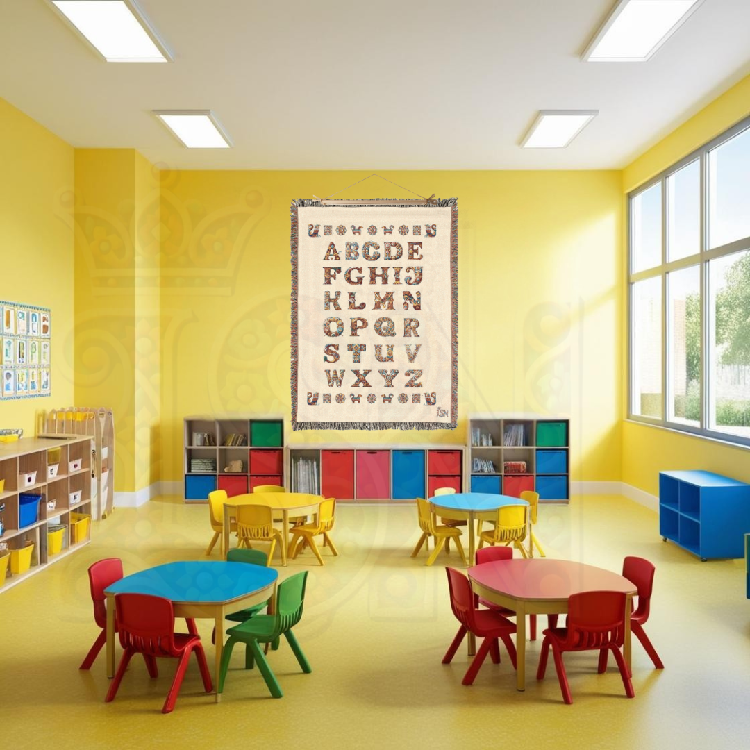 Nursery school classroom in cheerful yellow with an off-white ABCs woven wall hanging. Features colorful folk-style letters—perfect for early learning spaces, preschool decor, or storybook-inspired classrooms.
