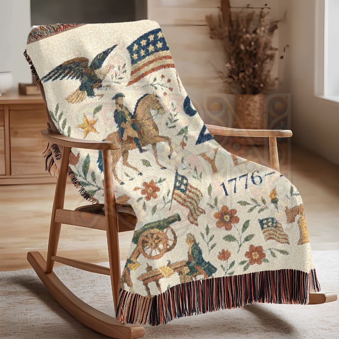 Woven cotton blanket held up to reveal an elegant feline traveler in a storybook countryside. Soft hues, medieval villages, and floral details evoke European fairytales and vintage folklore charm.