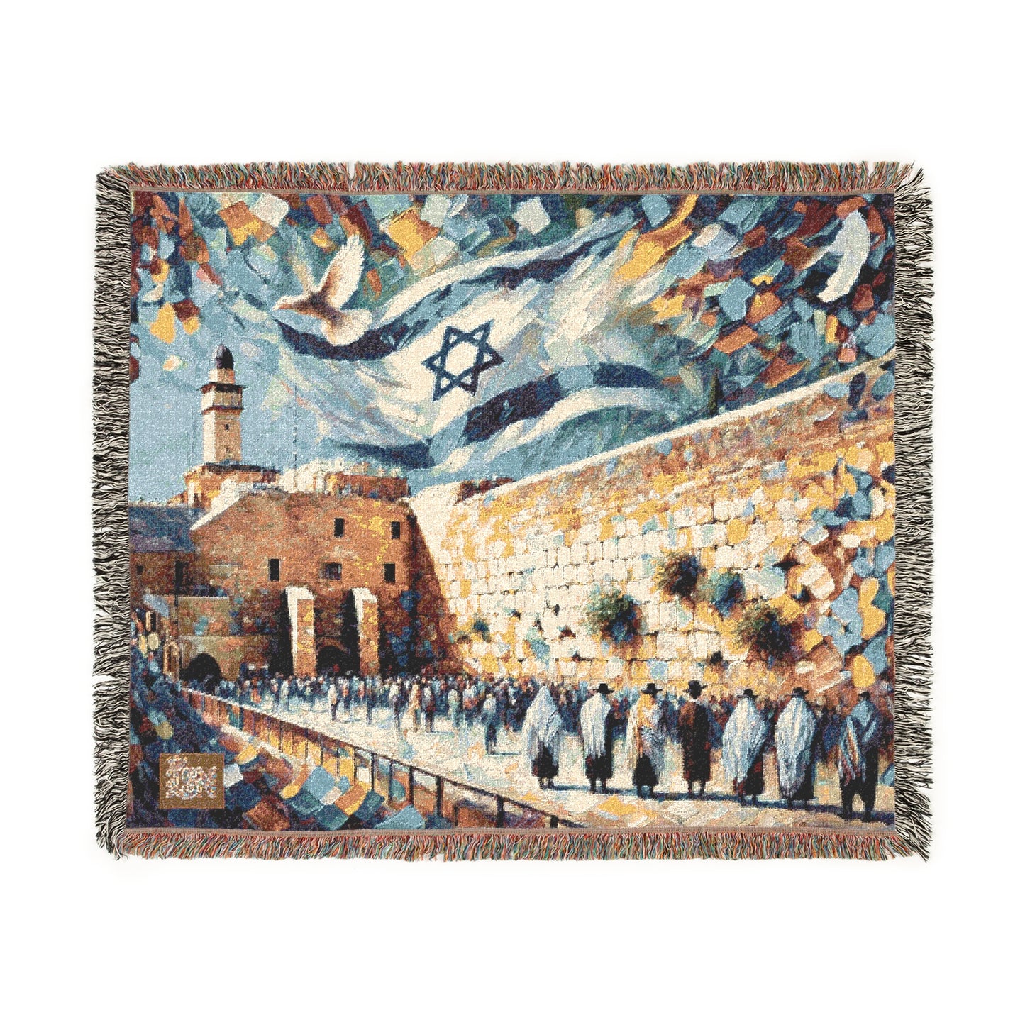 Jerusalem Western Wall and Flag Woven Tapestry Blanket – Heritage Judaica Throw, Cotton, Home Blessing