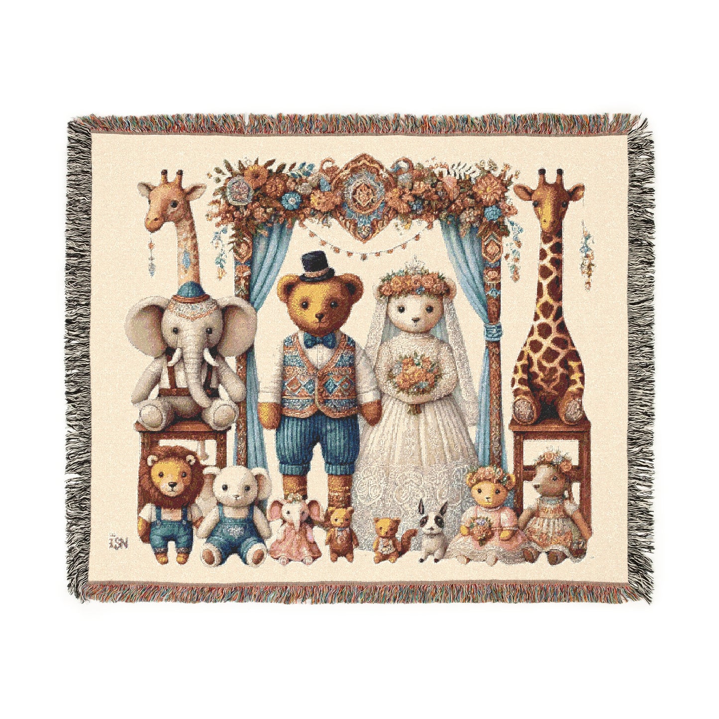Teddy Bear Wedding Woven Blanket – 100% Cotton Vintage-Inspired Throw for Nursery, Wedding Gift, & Cozy Home Decor | Heirloom Tapestry for Storybook Lovers