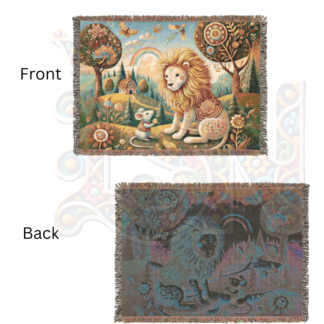 Enchanted Folk Art Woven Blanket – Storybook Lion & Mouse Tapestry | Cozy 100% Cotton Boho Woodland Throw, Nursery & Home Decor