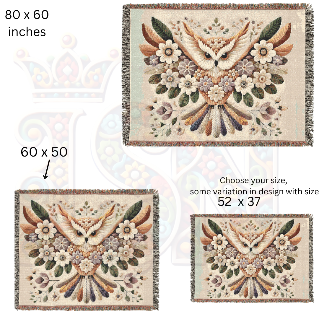 Floral Owl Woven Blanket – Cottagecore Boho Throw, 100% Cotton, Nature-Inspired Home Decor, Cozy Gift for Bird Lovers