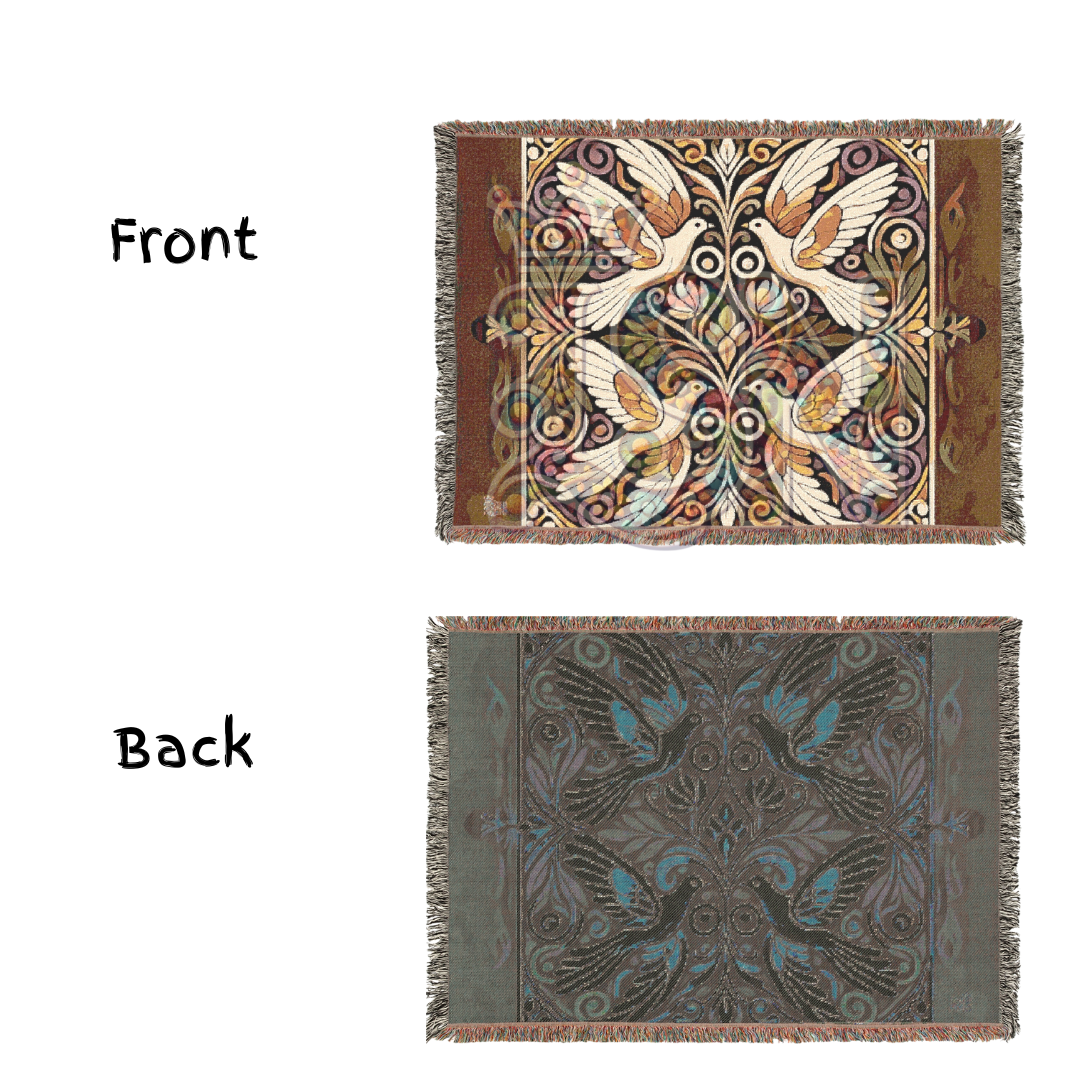 Four Doves Harmony Folk Art Woven Blanket – Peaceful Unity Throw with Ornamental Floral Design