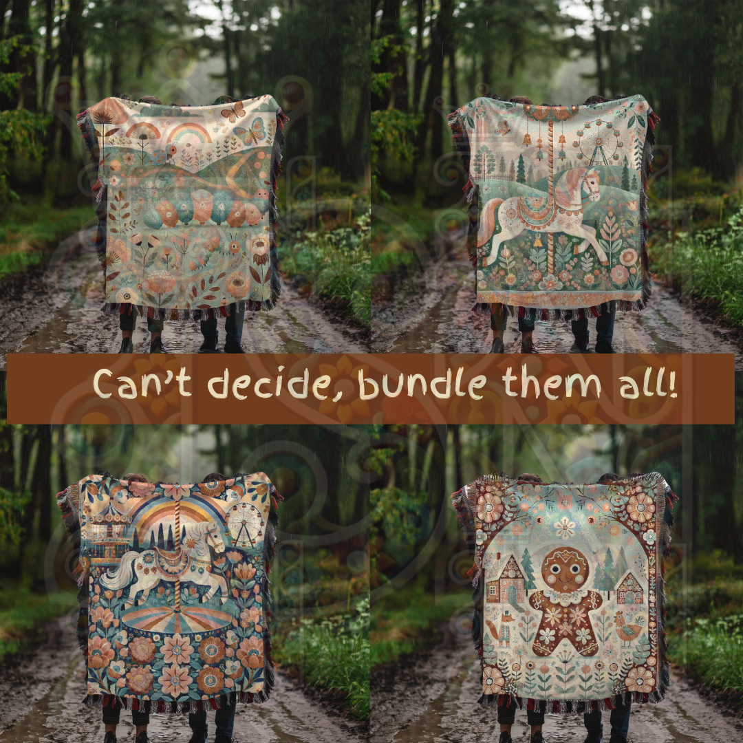 The Midnight Carousel – Folk Art Woven Throw Blanket with Carnival Horse and Florals