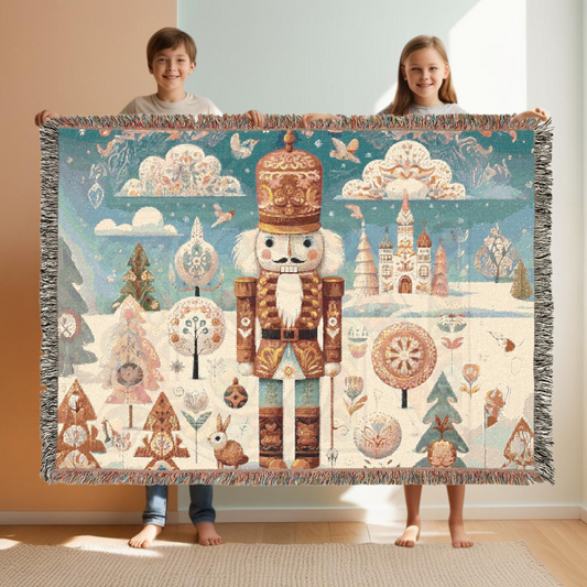 Whimsical Nutcracker Woven Blanket – 100% Cotton Holiday Tapestry, Fairytale Ballet Throw, Cozy Holiday Storybook Decor