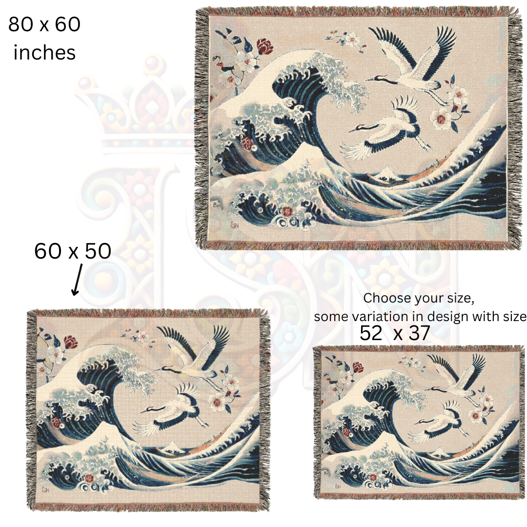 Japanese Wave & Crane Woven Blanket – 100% Cotton Tapestry Elegant Ocean Throw, Traditional Art Home Decor, Ukiyo-e Inspired Gift