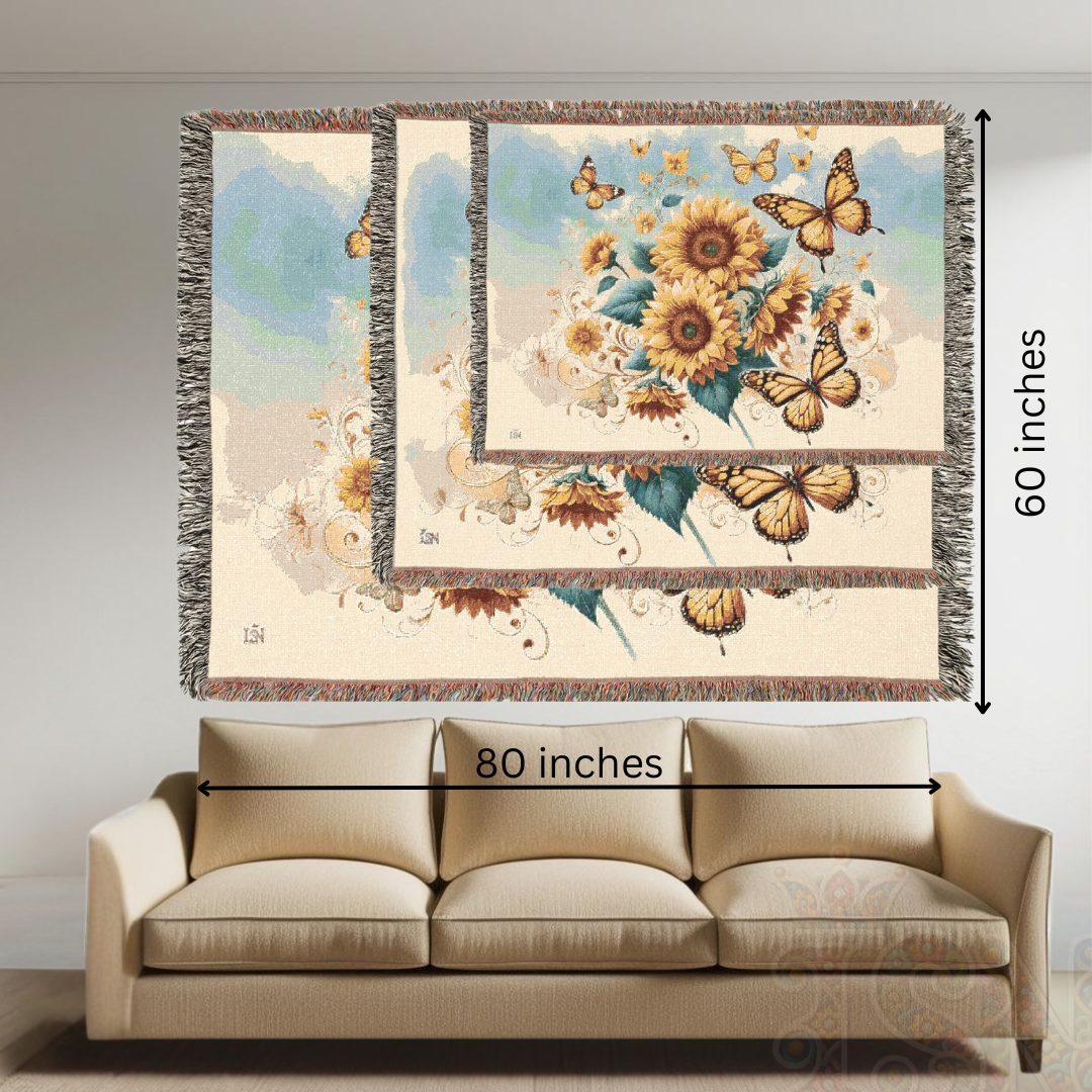 Sunflower Butterfly Woven Blanket – 100% Cotton Boho Throw 🌻 Cozy Cottagecore Tapestry, Nature-Inspired Home Decor, Rustic Farmhouse Gift