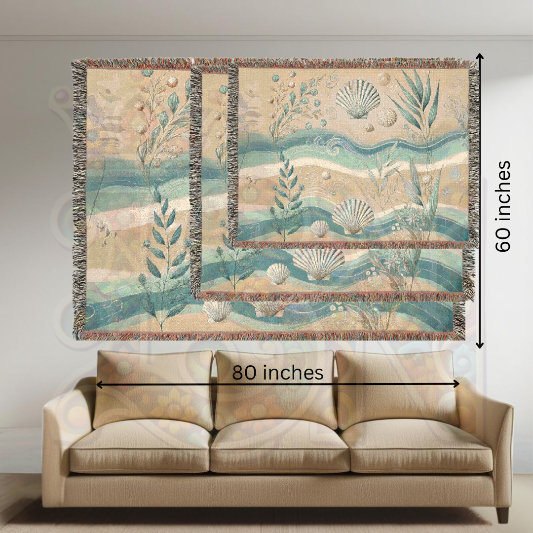 Coastal Woven Blanket – 100% Cotton Nautical Throw | Beach House Tapestry | Ocean-Inspired Shell & Seaweed Decor | Boho Coastal Gift