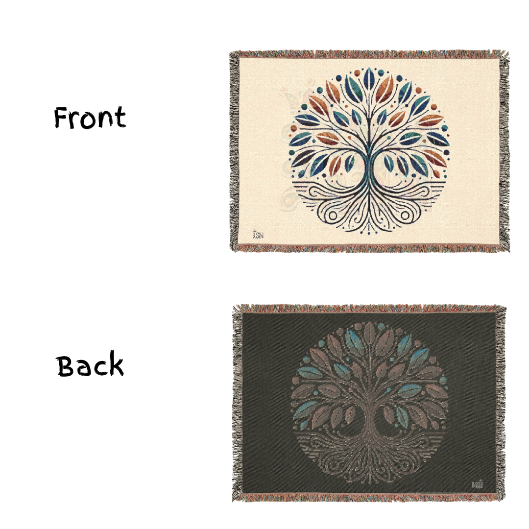 Tree of Life Woven Throw Blanket – Nature-Inspired Cotton Tapestry in Blue & Rust