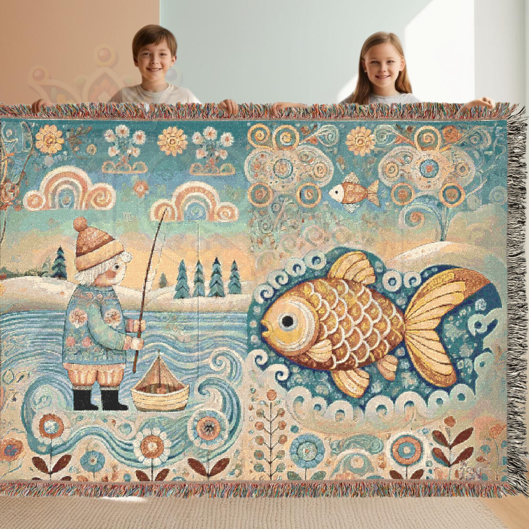 Golden Fish & Little Fisherman Woven Blanket, Folk Art Fairytale Light Tapestry – 100% Cotton Cozy Throw