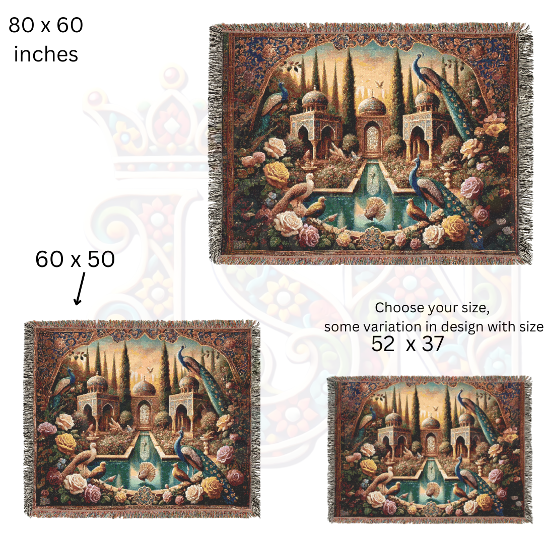 Birds of Persia Woven Blanket, 100% Cotton Throw, Elegant Persian Garden Art, Peacock Tapestry, Luxurious Home Decor & Boho Accent