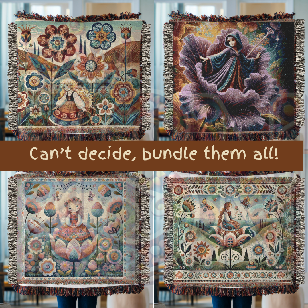 Whimsical Folk Art Thumbelina Inspired Princess Woven Blanket, 100% Cotton Tapestry – Storybook Fairytale Throw, Nordic Boho Home Decor, Cozy Gift for Her